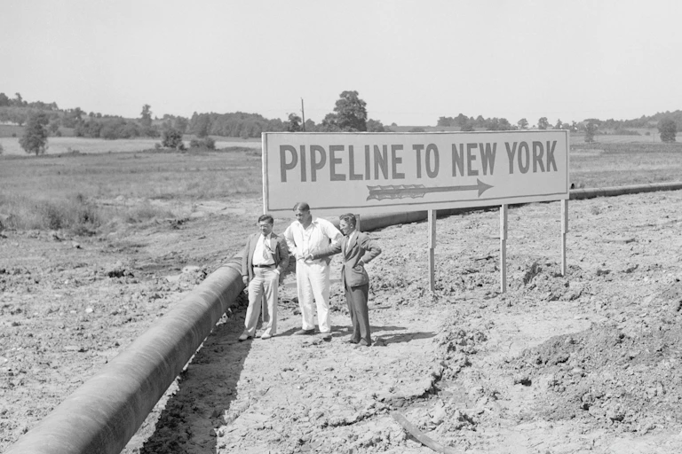 Three men next to a bend in a large pipeline.