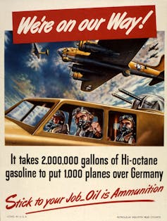 vintage poster depicts World War II fighter pilots and urges Americans to conserve fuel.