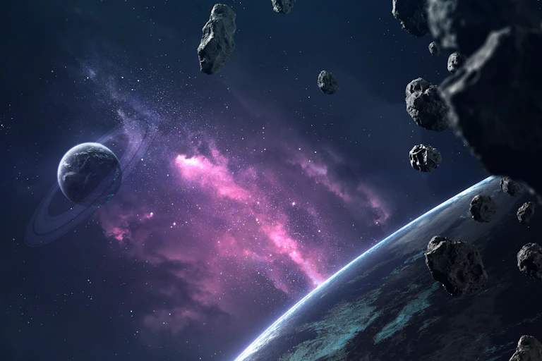 Illustration of planets and asteroids in space