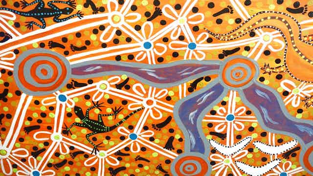 An Aboriginal painting depicting three rivers, with goannas and boomerangs.