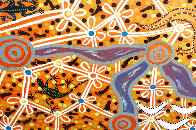 An Aboriginal painting depicting three rivers, with goannas and boomerangs.