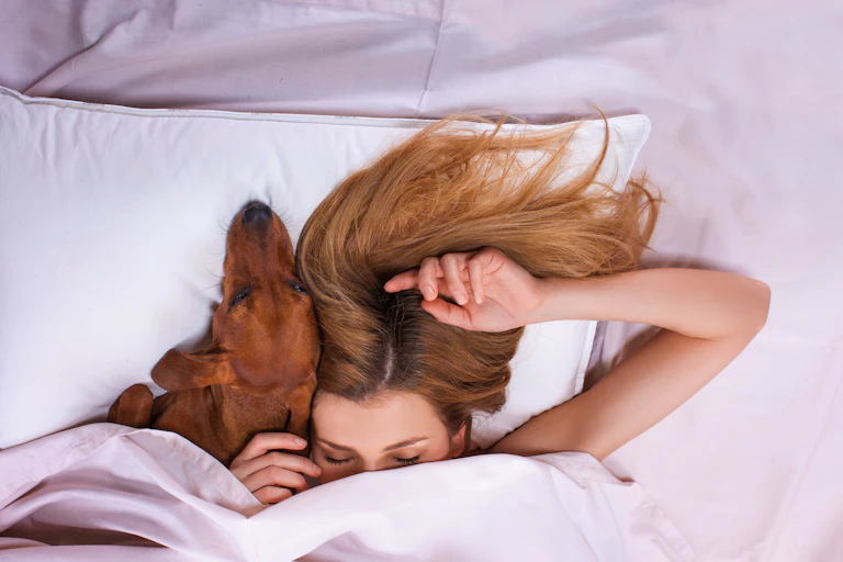 A woman and her dog snuggled under their bed covers.