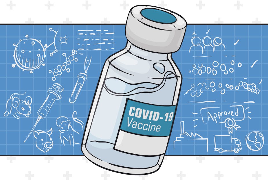 Illustration of COVID-19 vaccine bottle over a blueprint with sketches of different steps in the approval process.