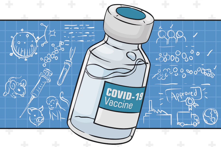 Illustration of COVID-19 vaccine bottle over a blueprint with sketches of different steps in the approval process.