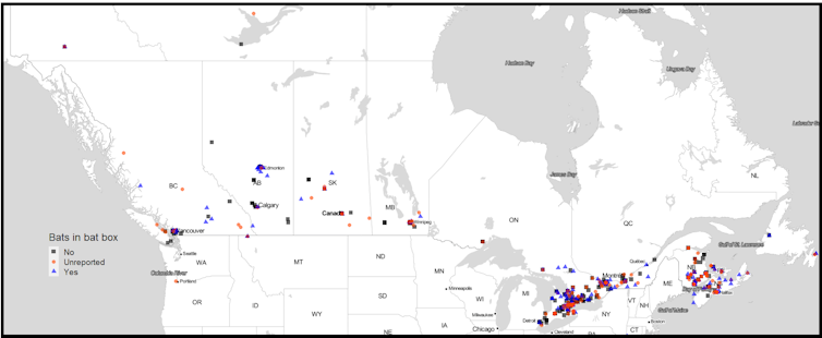 Map of the locations of the bat boxes monitored across Canada.
