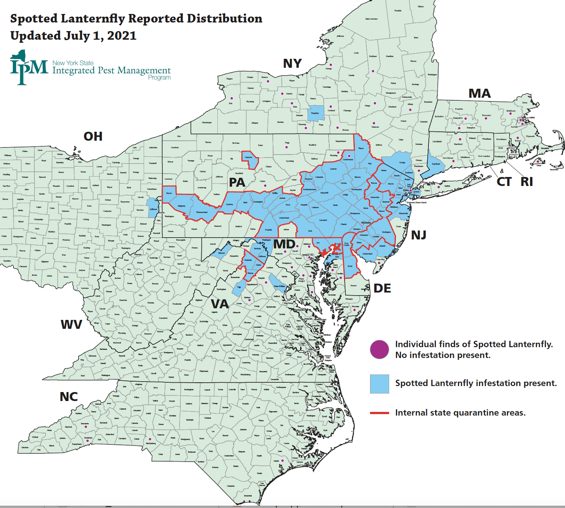 Map of states where spotted lanternflies have spread