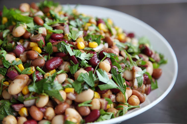 Large bowl of mixed bean salad.