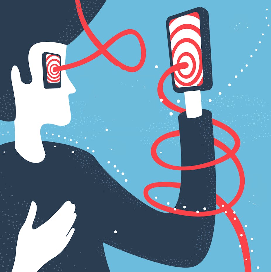 Illustration of person with a phone as their hand, the red and white swirl on the screen coming out as a red thread that wraps around their arm and connects to the identical phone where their eye would be