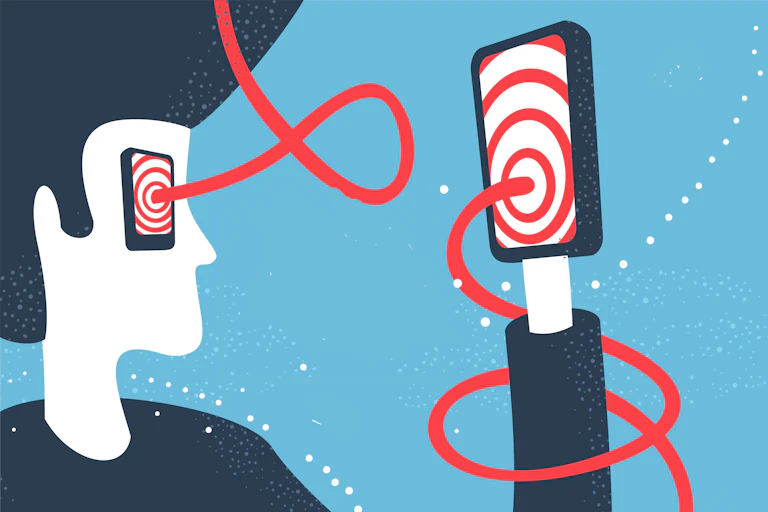 Illustration of person with a phone as their hand, the red and white swirl on the screen coming out as a red thread that wraps around their arm and connects to the identical phone where their eye would be