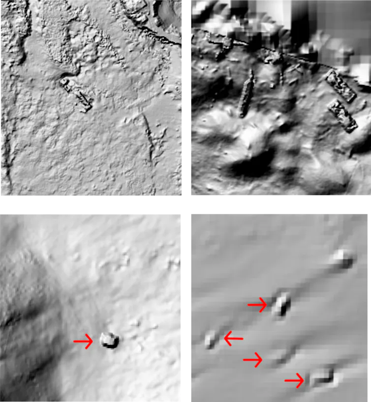 Four panels of images showing various lines and shapes on textured backgrounds