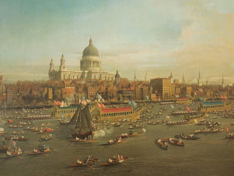 Old painting of river with ships and cathedral in background