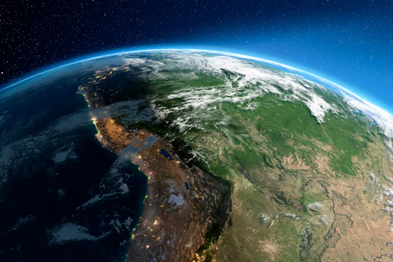 Tierra altamente detallada con atmósfera, relieve y ciudades inundadas de luz. Transición de la noche al día. América del Sur. Bolivia, Perú, Brasil.