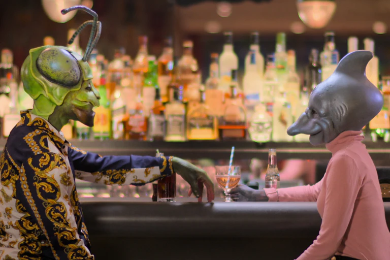 A grasshopper/human and a dolphin/human sit at a bar