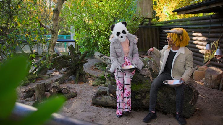 A woman with a panda head and a man with a bull head feed meerkats