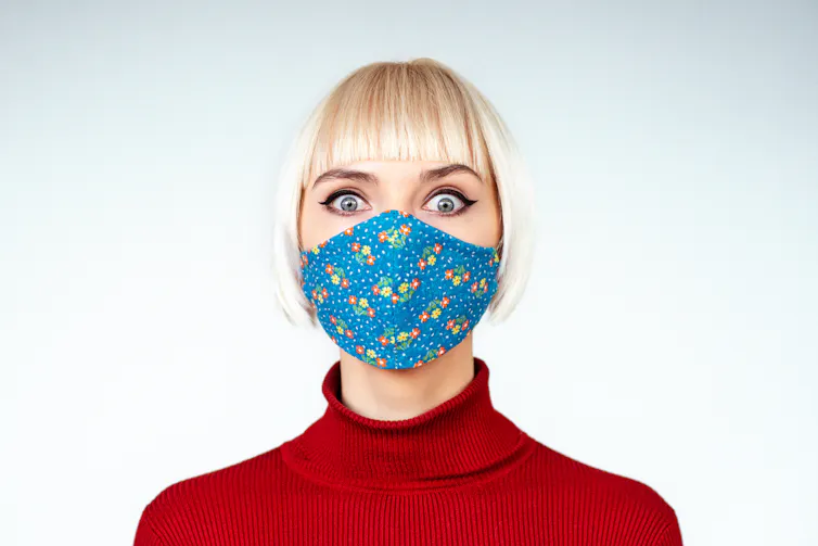 Women wearing a mask with wide-eyed expression