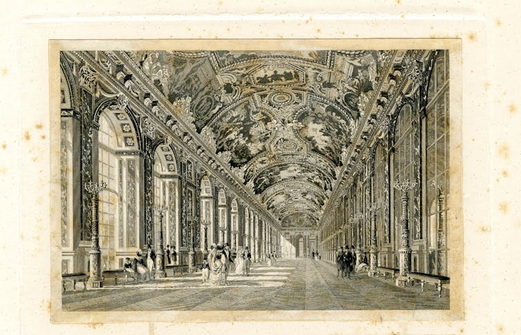 interior of the palace with figures walking along the gallery with murals on the ceiling, arched windows at left, mirrored panels at right, several figures seated on benches