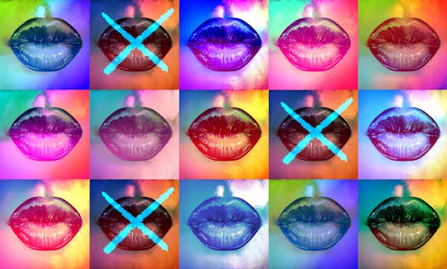 Rows of brightly coloured lips laid out in a grid, three are crossed out with bright blue X