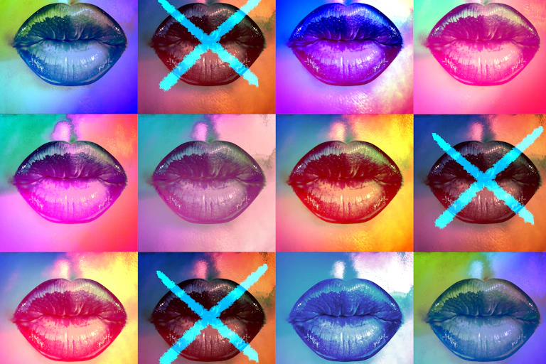 Rows of brightly coloured lips laid out in a grid, three are crossed out with bright blue X