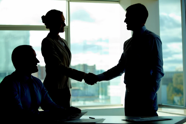 Business people in silhouette shaking hands on a deal