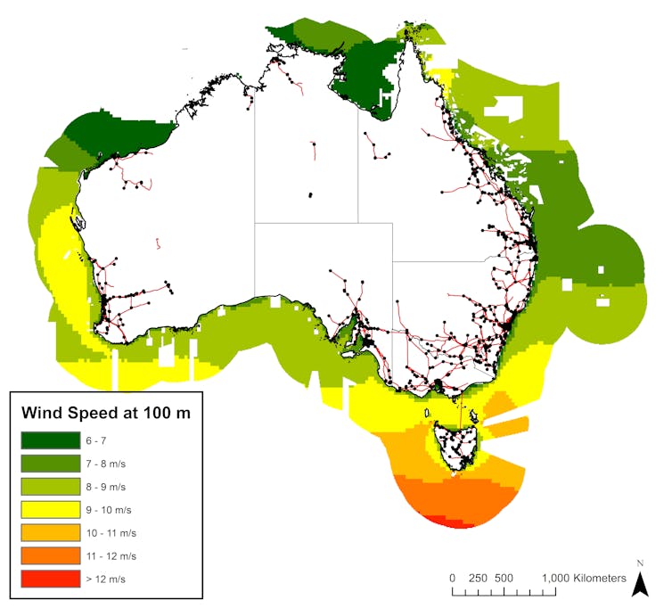 Map showing average wind speed