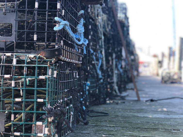 A row of stacked lobster pots on a harbour.