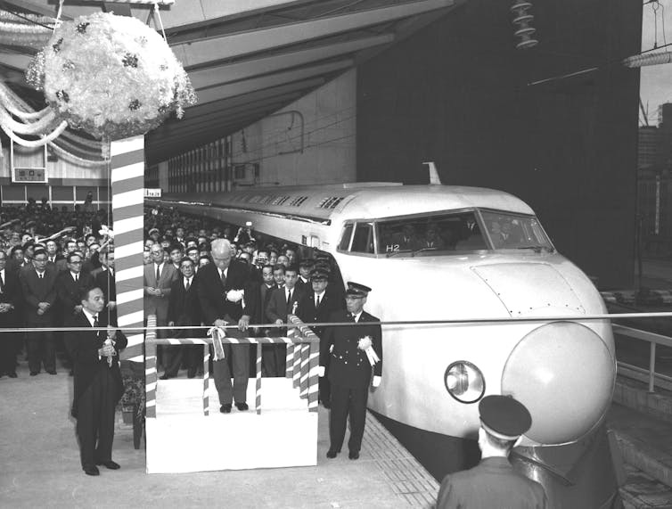 The grand opening of the Shinkansen bullet train at Tokyo in October 1964.