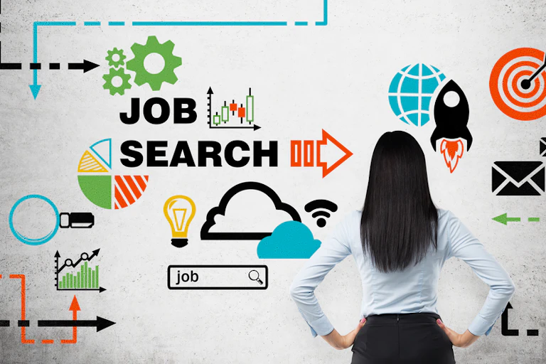 Rear view of a young woman who is looking at the wall with colourful icons about job vacancies.