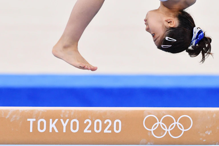 A gymnast training ahead of the Olympic games in Tokyo.