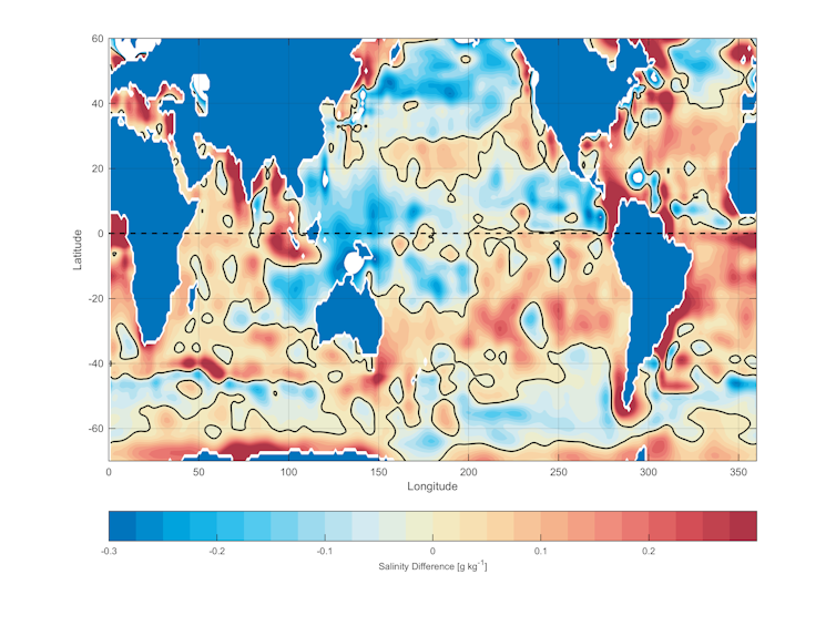 A world ocean map with rising and falling salinity levels highlighted.