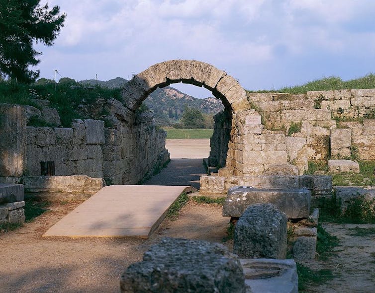 The ruins – which include an intact section of the arched entrance tunnel – of the Greek Stadium of Olympia
