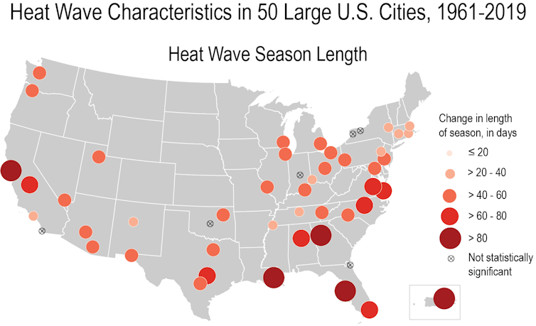 Map showing cities in the Southeast in particular will see the longest heat seasons