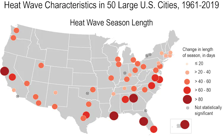 Map showing cities in the Southeast in particular will see the longest heat seasons