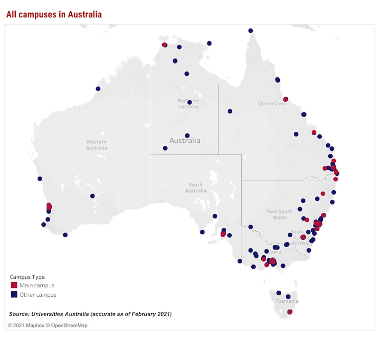 map of Australia showing locations of university main campuses and other campuses