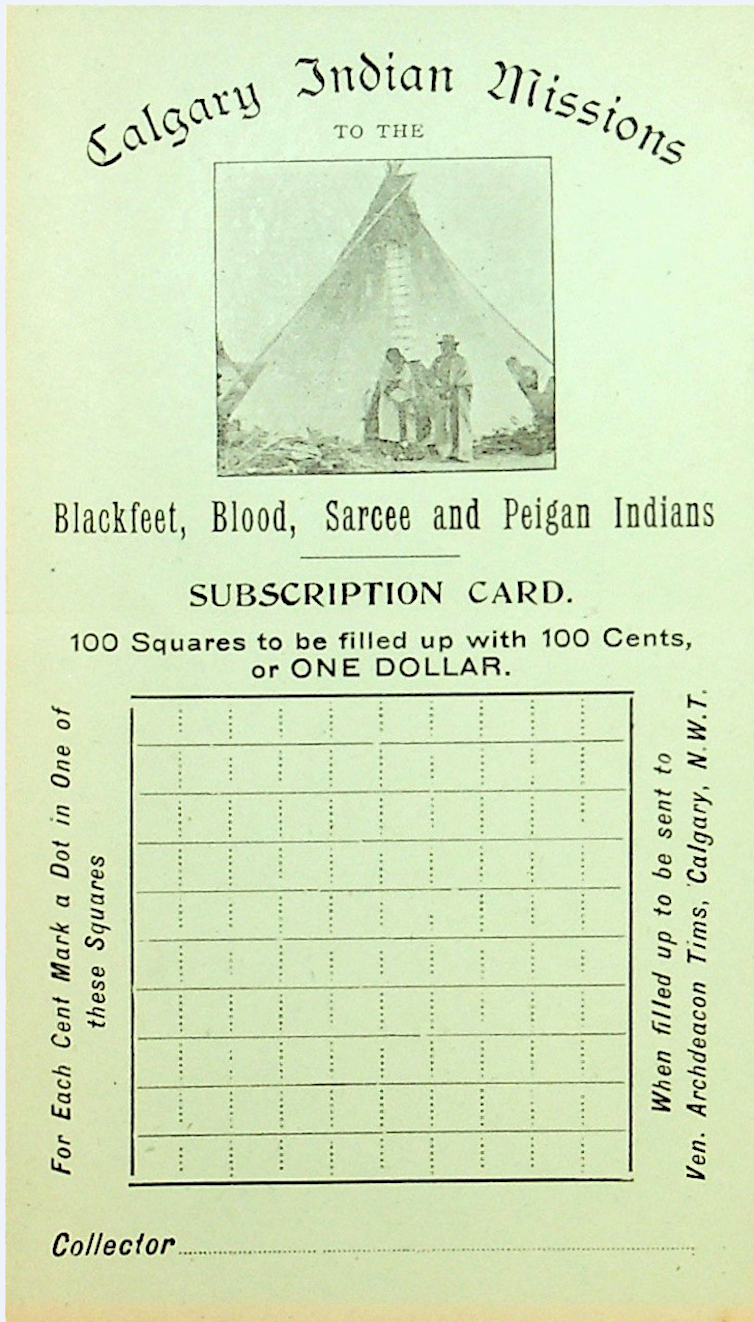 Card showing a photograph of a teepee with people in front and a grid with the words '100 squares to be filled up with 100 cents or one dollar.'