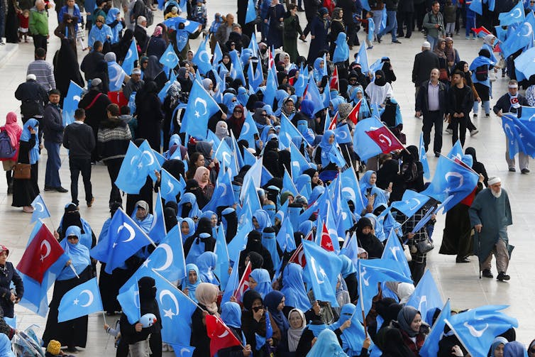 Members of the Uighur community living in Turkey carry flags of what ethnic Uighurs call 'East Turkestan', during a protest in Istanbul, against oppression by the Chinese government to Muslim Uighurs in China.