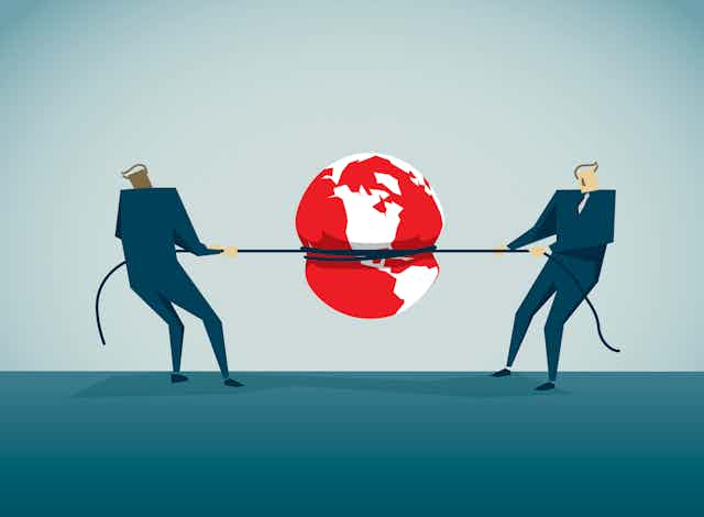 cartoon image of two figures pulling in opposite directions on a rope that is squeezing a globe between them