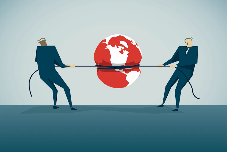 cartoon image of two figures pulling in opposite directions on a rope that is squeezing a globe between them