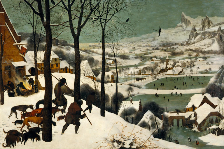 Historic painting of hunters with dogs walking over a snowy hillside toward a town where people are skating on a frozen river