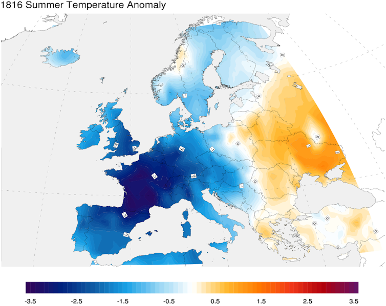 Map showing the temperature anomaly, with Western Europe as much as 3 degrees colder than normal.
