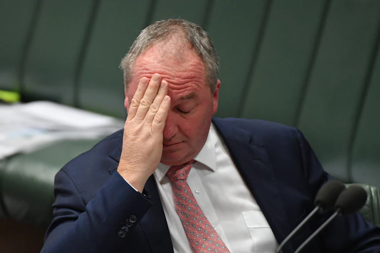 Nationals leader Barnaby Joyce puts his hand on his forehead in federal parliament