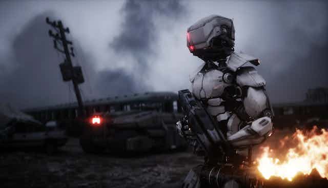 A robotic soldier in a warzone