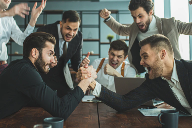 Group of men in suits cheer on two others in an arm wrestle
