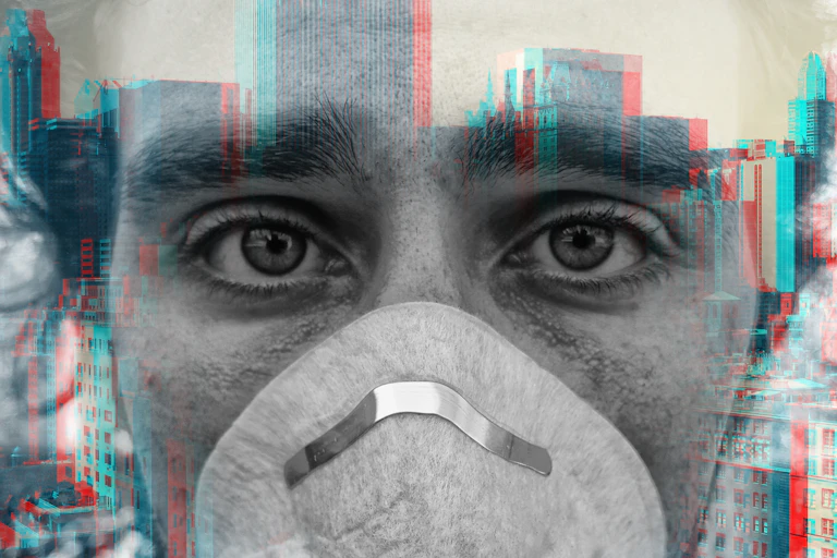 Double exposure of person wearing face mask and city buildings