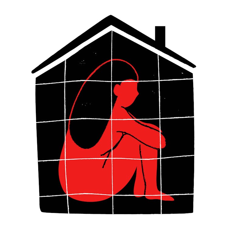 Illustration of a red woman sitting with arms over knees inside a black house overlaid with grid lines.