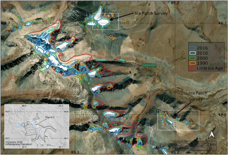 satellite image showing outlines of ice getting smaller over the years