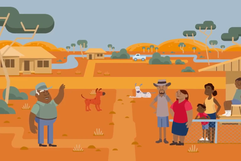 An Aboriginal man visits and Aboriginal family at their house.