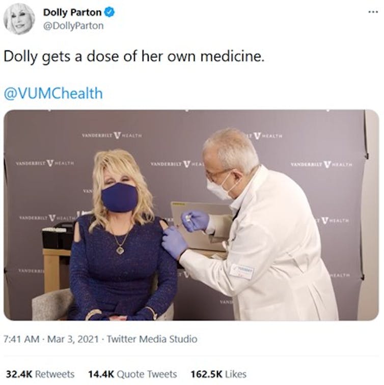 Dolly Parton posted her own vaxxie.
