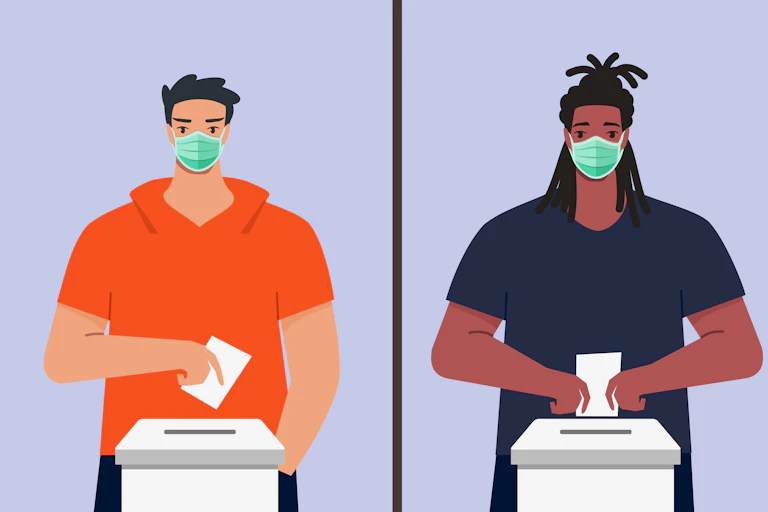 Three people cast votes while wearing face masks.