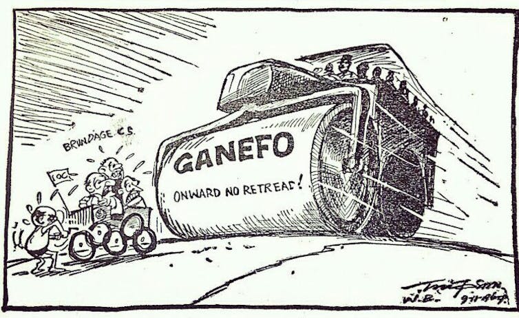 A cartoon that shows a steam roller chasing members of the IOC.