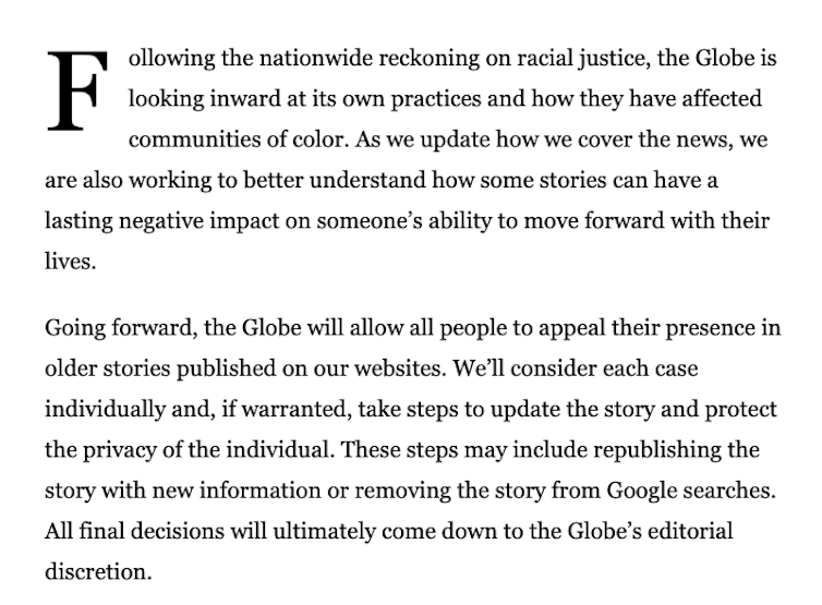 Statement by the Boston Globe about its Fresh Start Initiative
